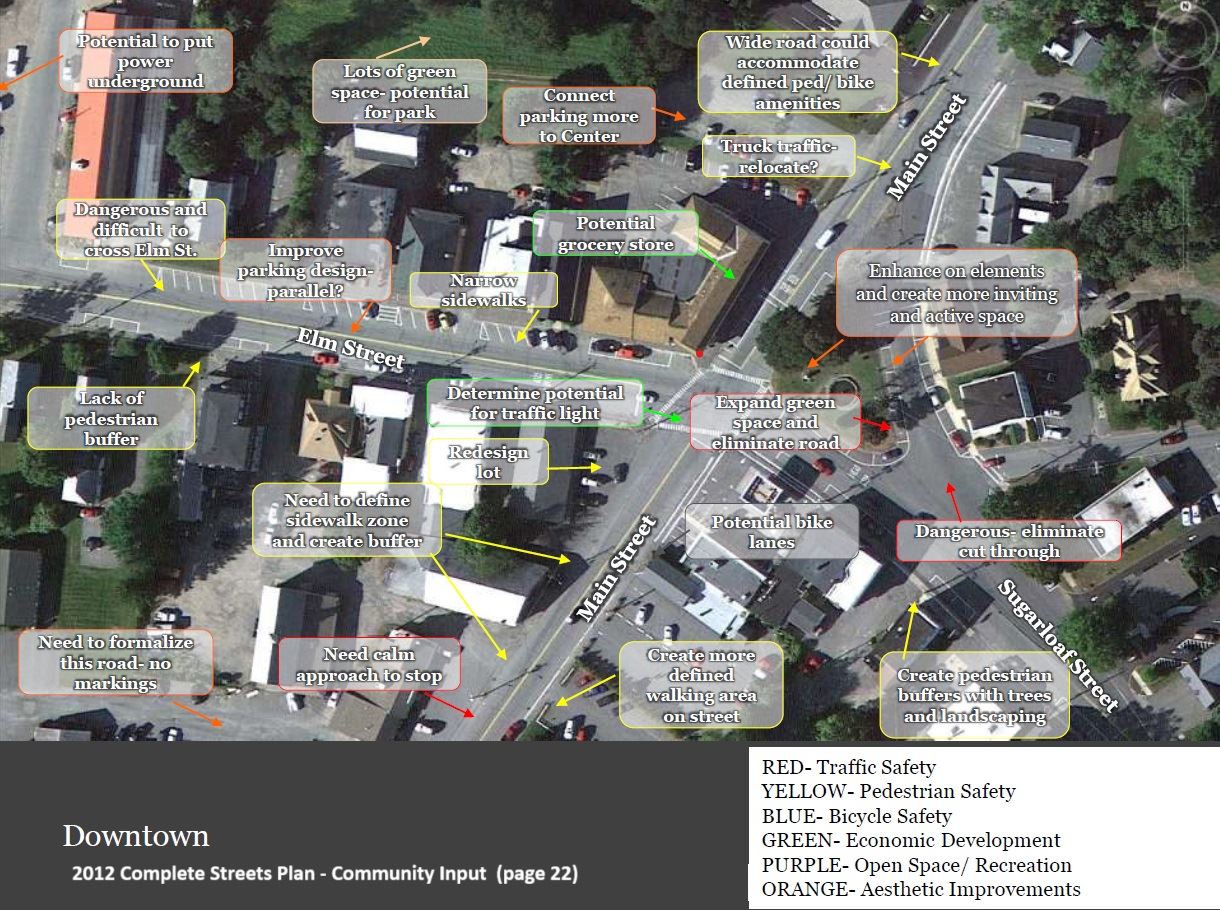 Page from the 2012 Complete Streets Plan showing community comments on Elm St to the Town Common.